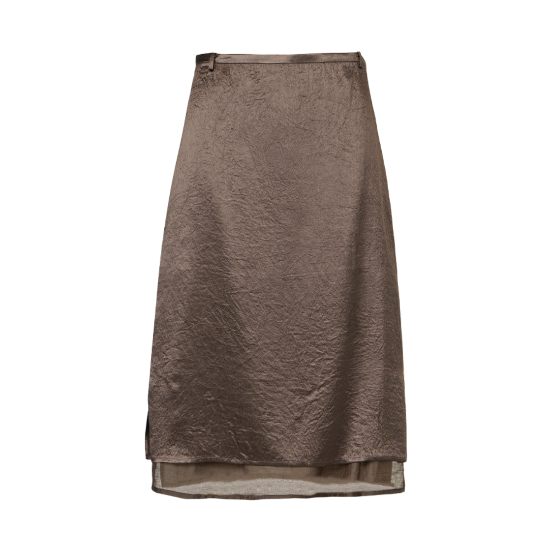 쿠메 새틴 레이어드 스커트 브라운(KUME Crinkled Satin Layered Midi Skirt Brown)
