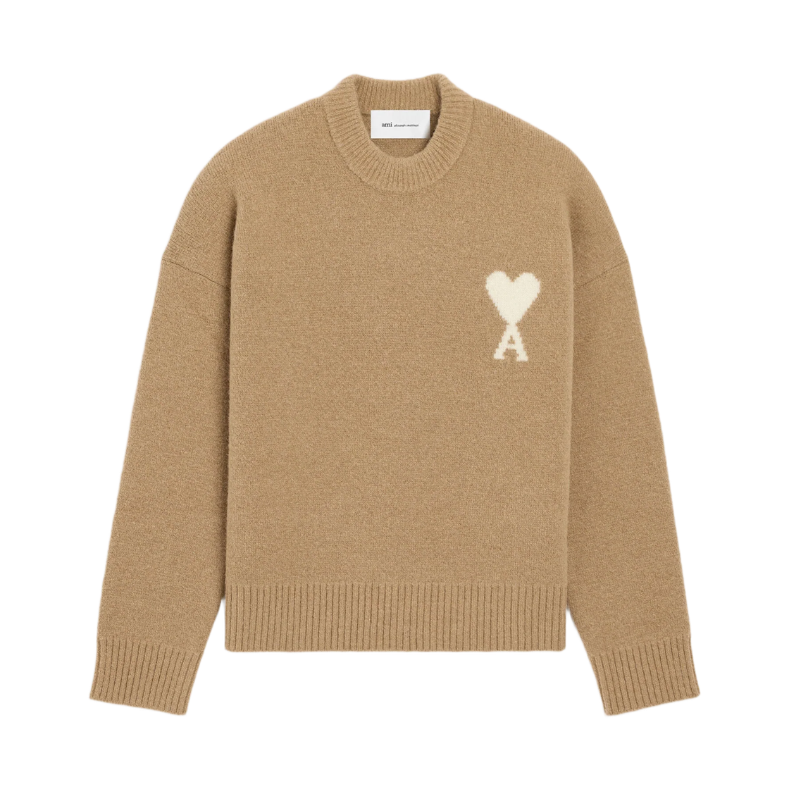 UKS836-KN0135-A278 AMI Beige Crewneck Alpaca Sweater with Ami De Coeur Mastic Beige Ecru