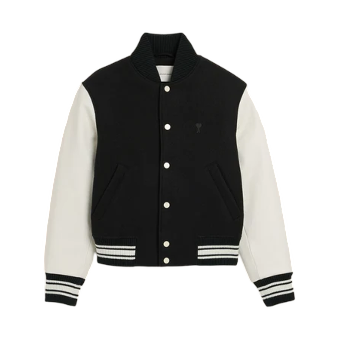HJK941-WV0078-001 AMI Black Wool and Leather Padded Teddy Jacket with Ami Paris Embroidery Black