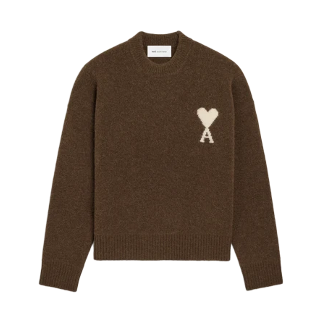 UKS836-KN0135-A362 AMI Brown Crewneck Alpaca Sweater with Ami De Coeur Chocolate Brown Ecru