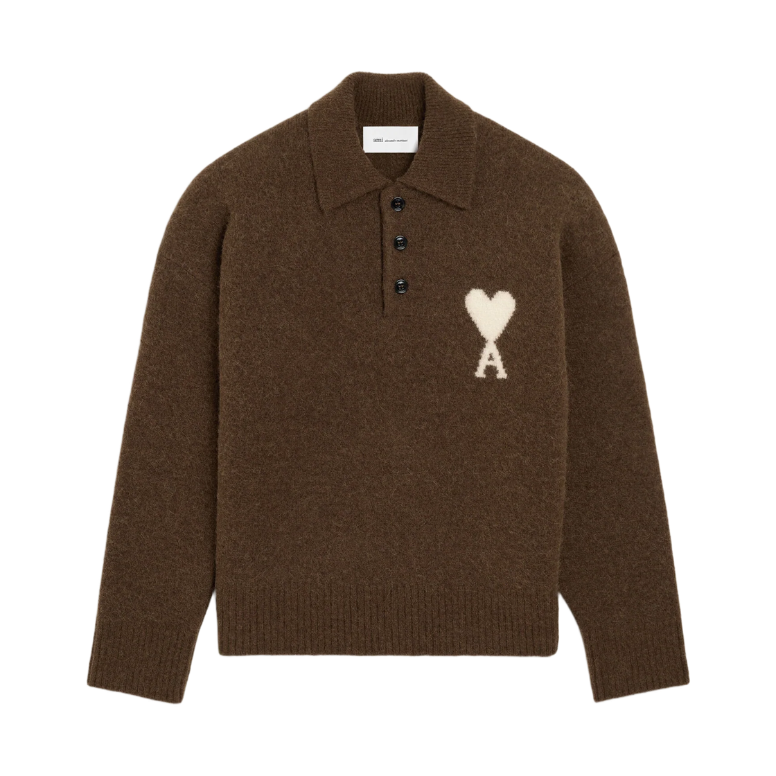 UPL408-KN0135-A362 AMI Brown Alpaca Polo with Ami De Coeur Chocolate Brown Ecru