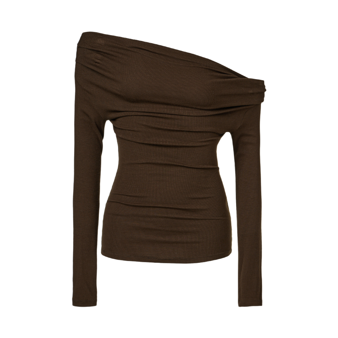 쿠메 언발란스 오프숄더 티셔츠 브라운(KUME Asymmetric Off-Shoulder Ruched Top Brown)
