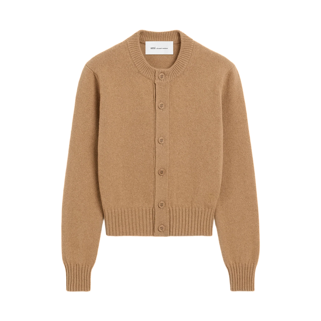 FKC364-005-280 (W) AMI Beige Crewneck Cashmere Cardigan with Ami De Coeur Tone-On-Tone Camel
