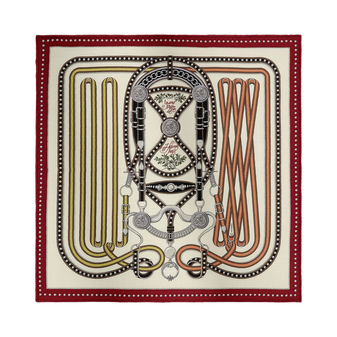H743778S03 (W) Hermes Grand Tralala Scarf 45 Cashmere Silk & Rouge H Blanc Noir