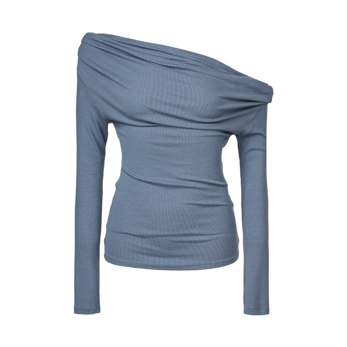 쿠메 언발란스 오프숄더 티셔츠 블루(KUME Asymmetric Off-Shoulder Ruched Top Blue)