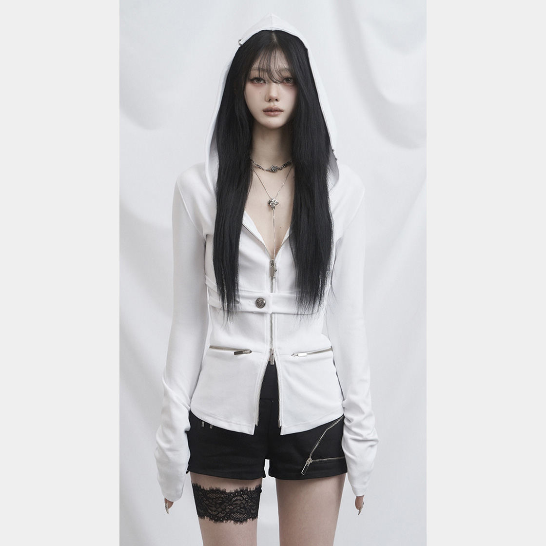 쇠아 컷 아웃 밴딩 슬림핏 후드집업 화이트(SØAR Cut Out Banding Hoodie Zip-Up White) - 3