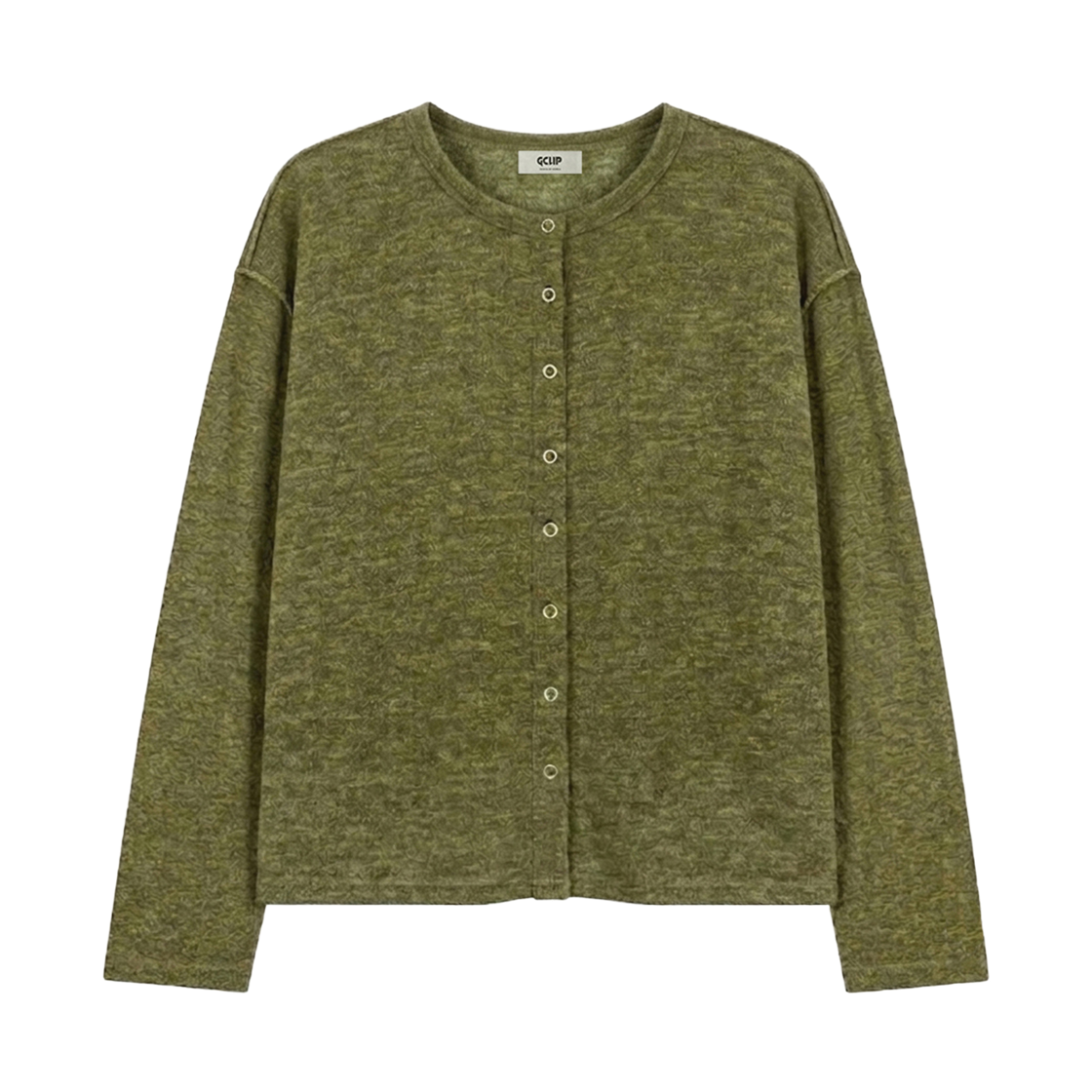 GC헤어사크롭니트가디건-카키 GCLIP Brushed Round Neck Semi-Crop Knit Cardigan Khaki