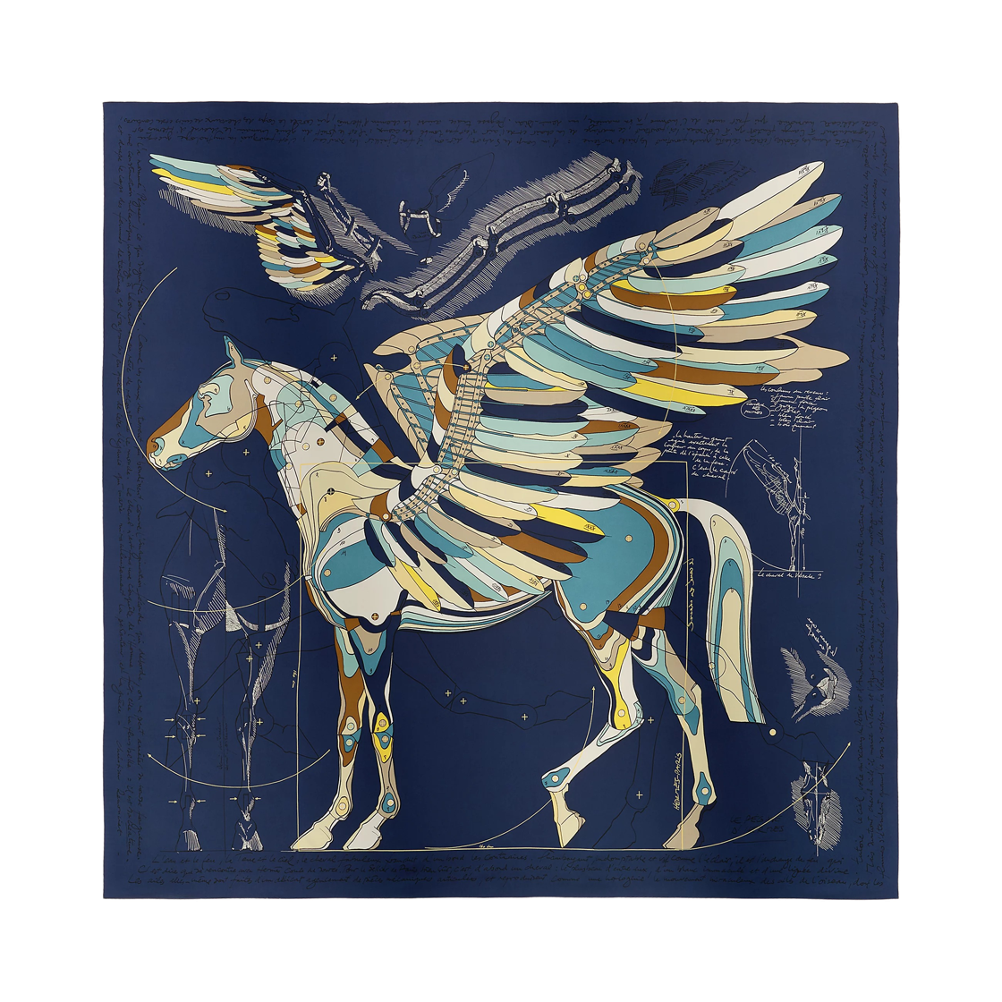 H672631S04 (W) Hermes Le Pegase D'Hermes Scarf 140 Silk & Bleu Marine Jaune Blanc