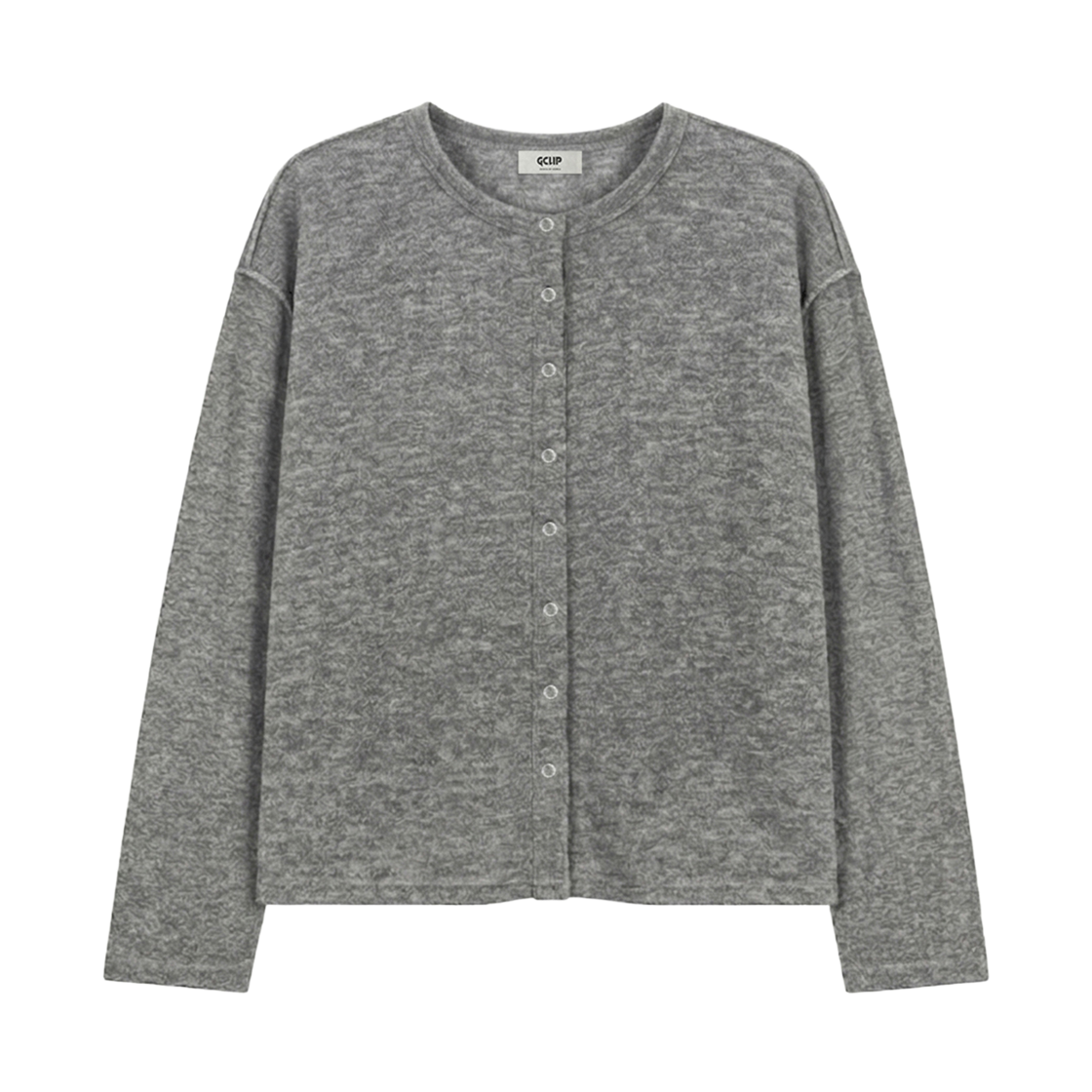 GC헤어사크롭니트가디건-그레이 GCLIP Brushed Round Neck Semi-Crop Knit Cardigan Gray