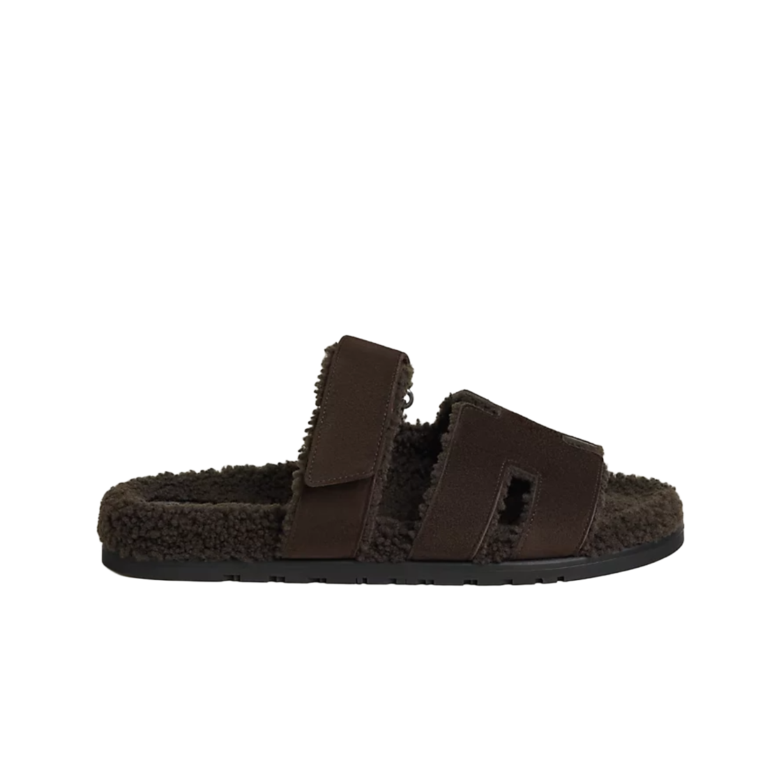 H222929ZHMF Hermes Chypre Sandal Suede Goatskin Shearling & Marron Ebene Chocolat