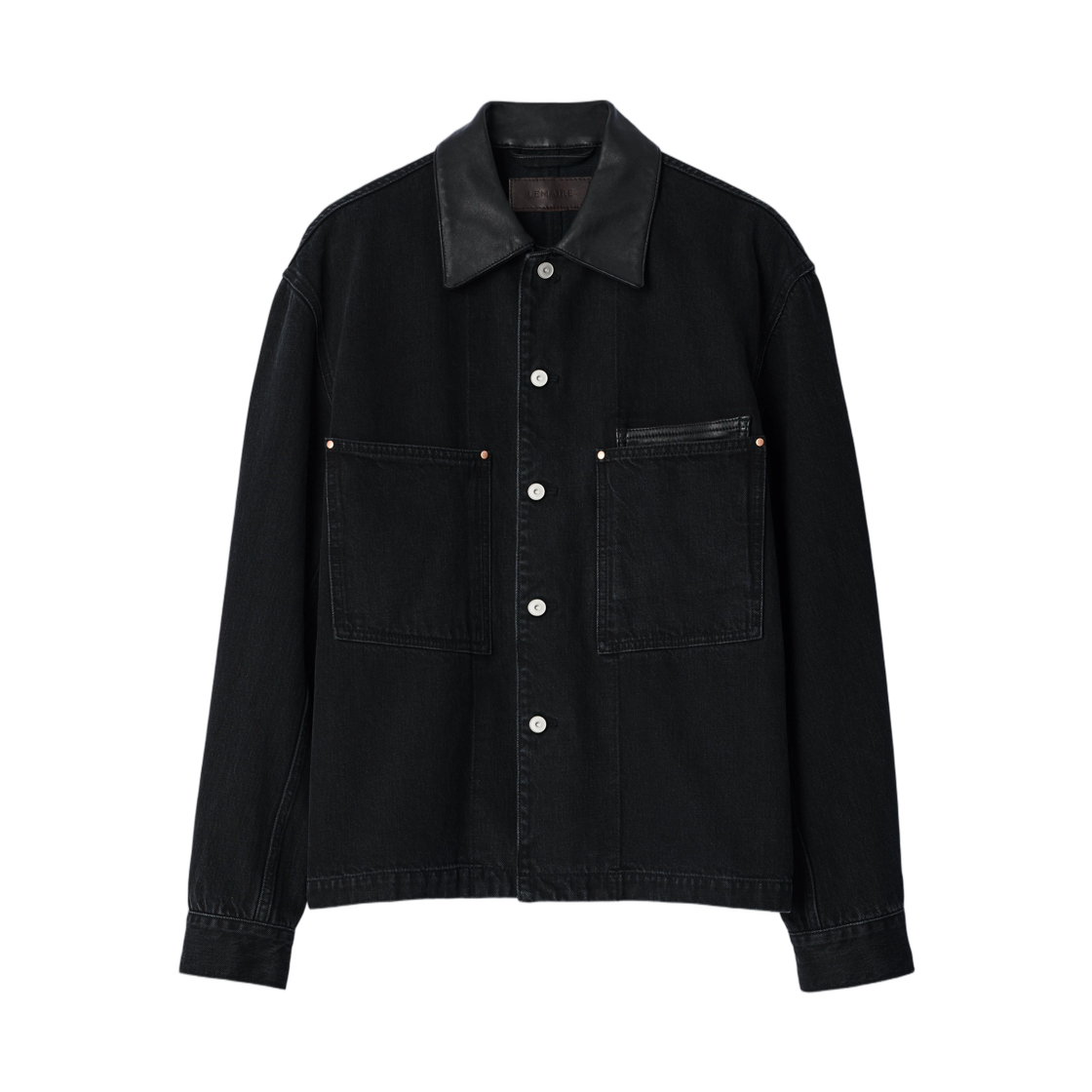 SH1310-LD1075-999 Lemaire Workwear Overshirt in Black Selvedge Denim with Leather Collar Black