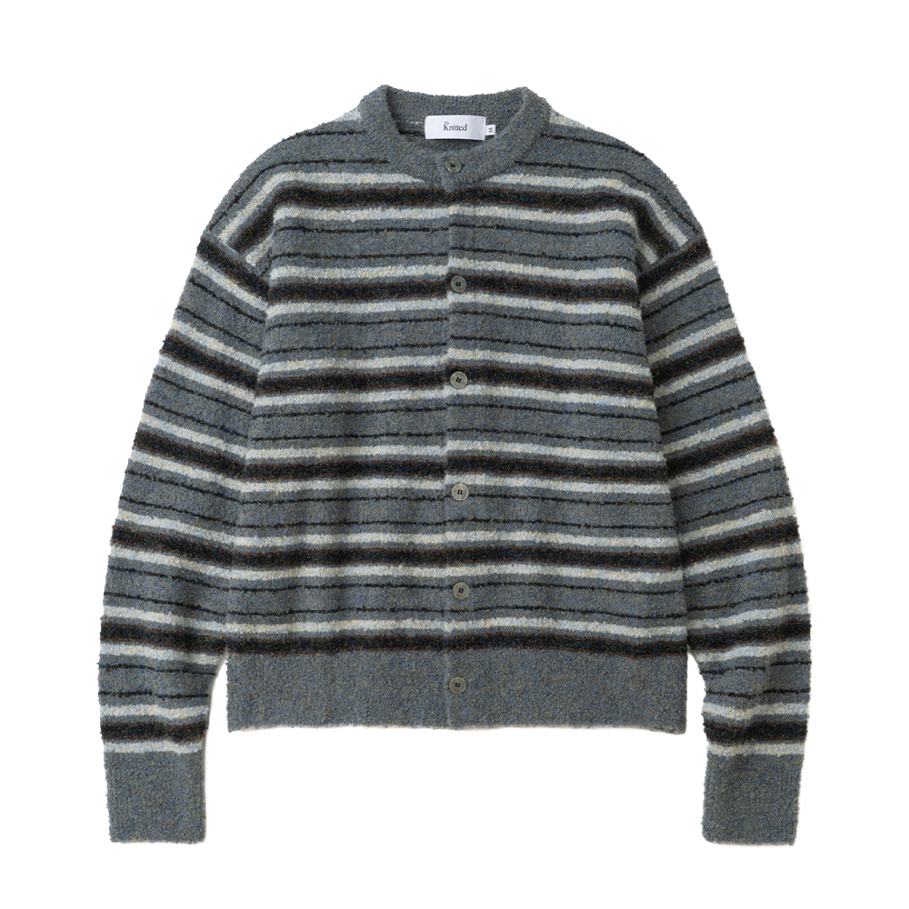 K26FWUCD02GR Knitted Boucle Stripe Crop Round Cardigan Grey