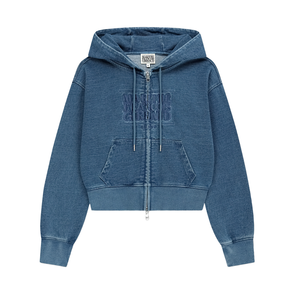 (W) 마리떼 프랑소와 저버 자수 클래식 로고 크롭 후드 집업 블루((W) Marithe Francois Girbaud Embroidery Classic Logo Crop Hoodie Zip Up Blue)