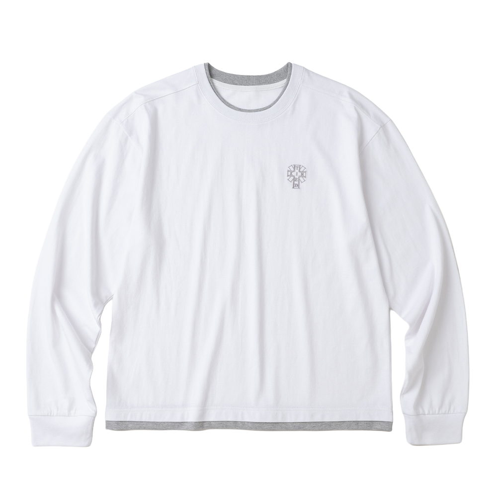 니티드 레이어드 롱슬리브 자수 티셔츠 화이트/그레이(Knitted Layered Long Sleeve Logo T-shirts White/Grey)