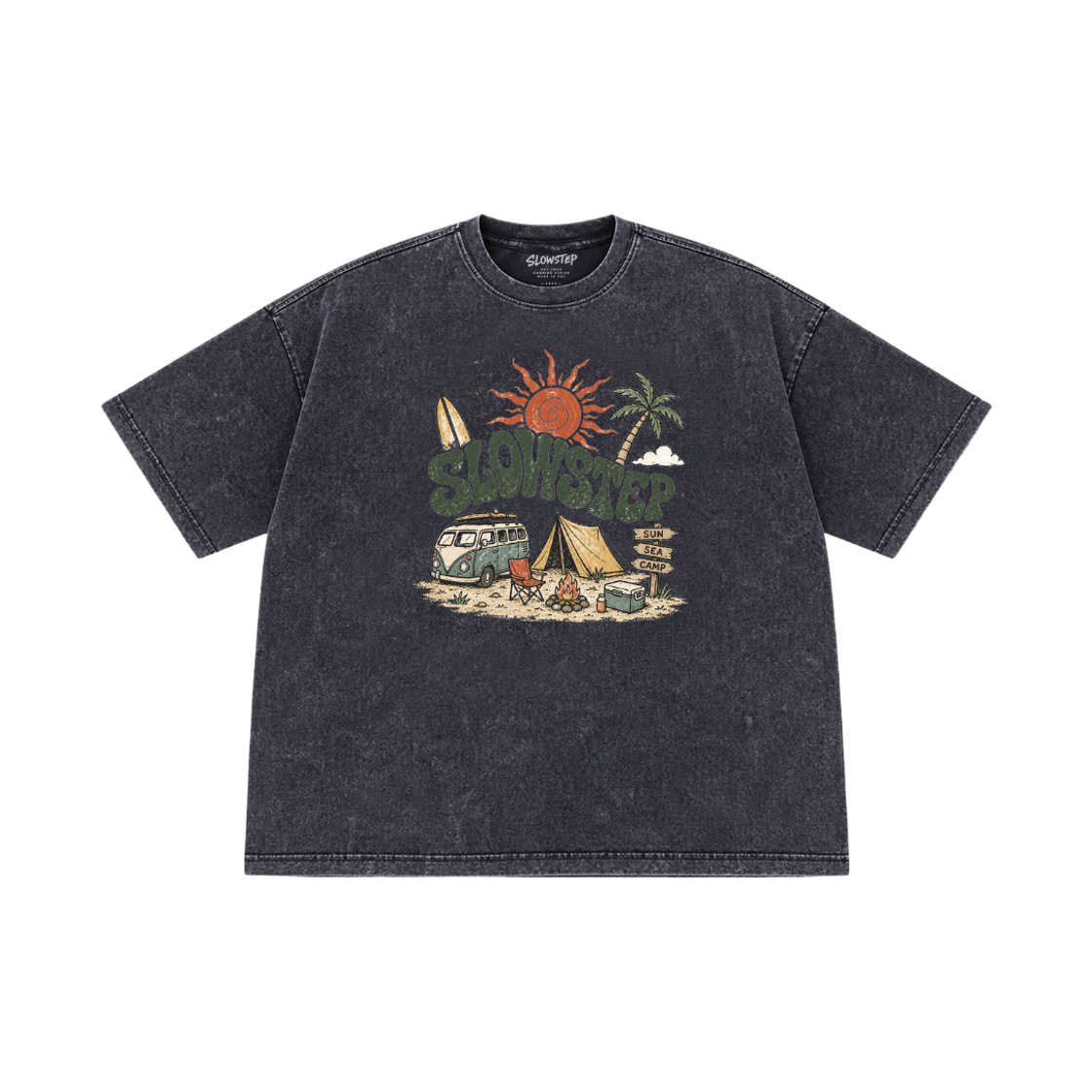 SP2605 SLOWSTEP SP2605 Vintage Camping Graphic Pigment Oversized T-Shirt Black