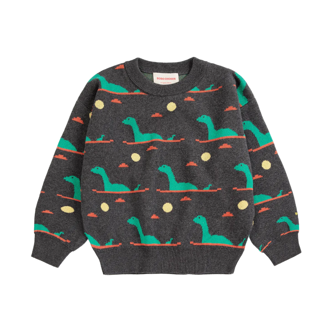 226AC087 (Kids) Bobo Choses Lake Monster All Over Jacquard Jumper Dark Heather Grey