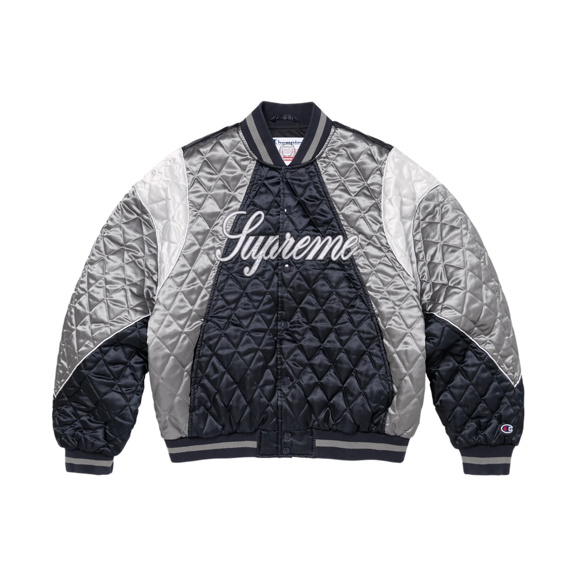 - Supreme x Champion Quilted Satin Varsity Jacket Navy - 26FW