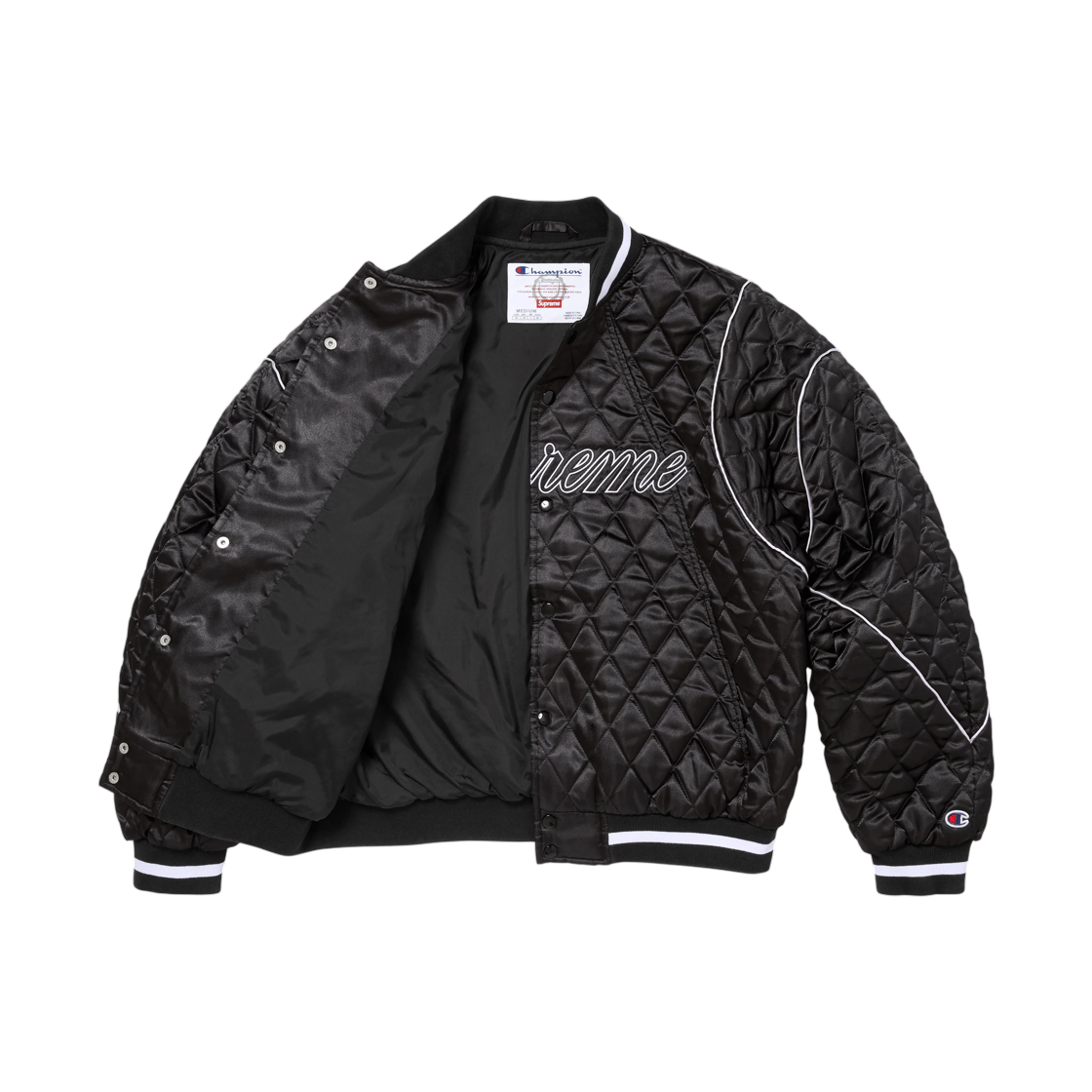 슈프림 x 챔피온 퀼티드 사틴 바시티 자켓 블랙 - 26FW(Supreme x Champion Quilted Satin Varsity Jacket Black - 26FW) - 3