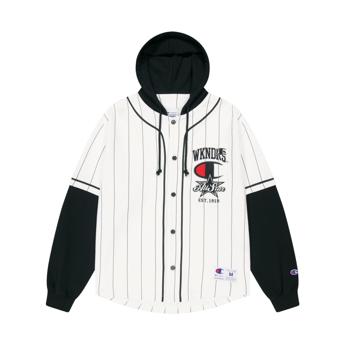 위캔더스 x 챔피온 레이어드 베이스볼 셔츠 자켓 화이트(WKNDRS x Champion Layered Baseball Shirt Jacket White)