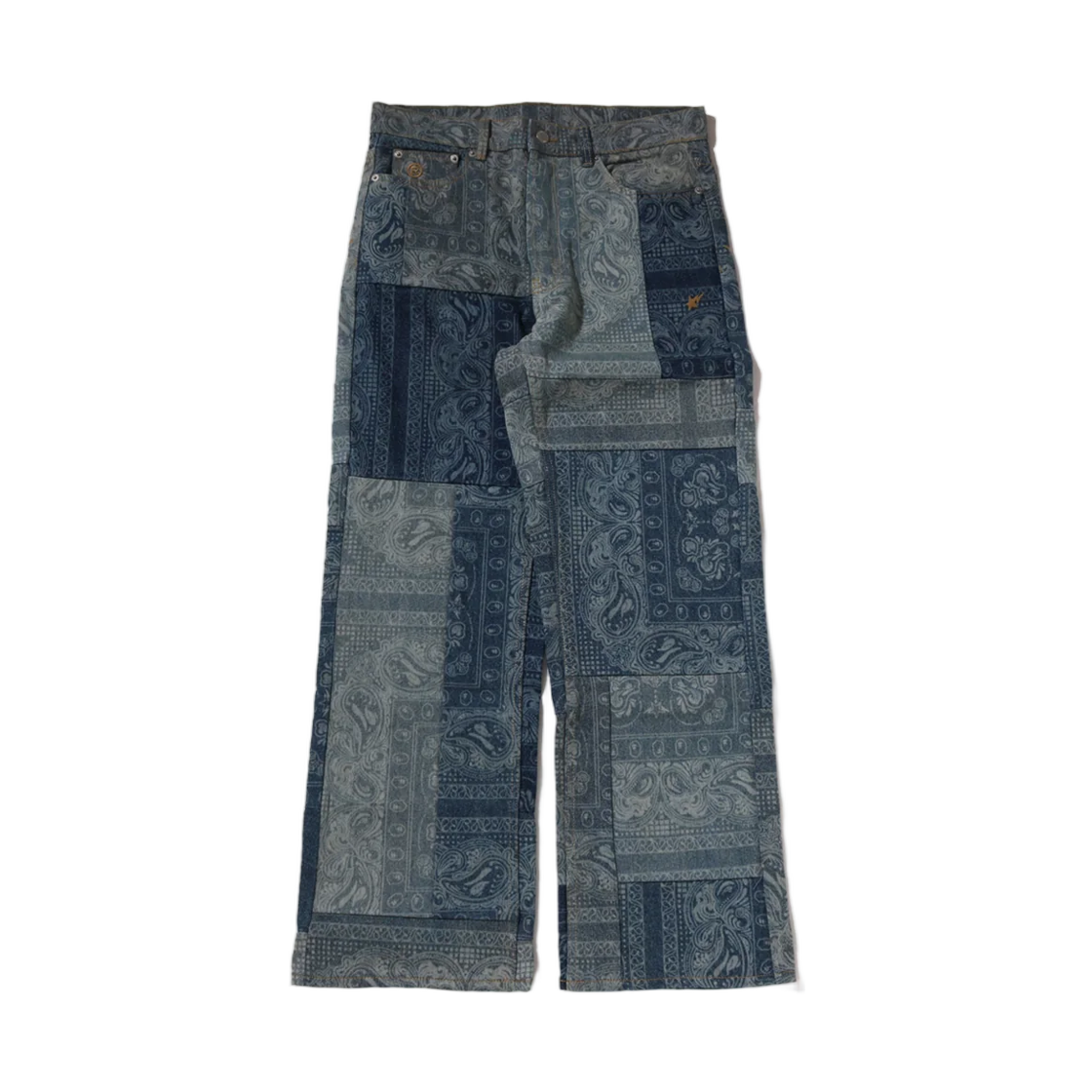 - BAPE Paisley Pattern Denim Flared Pants Light Indigo