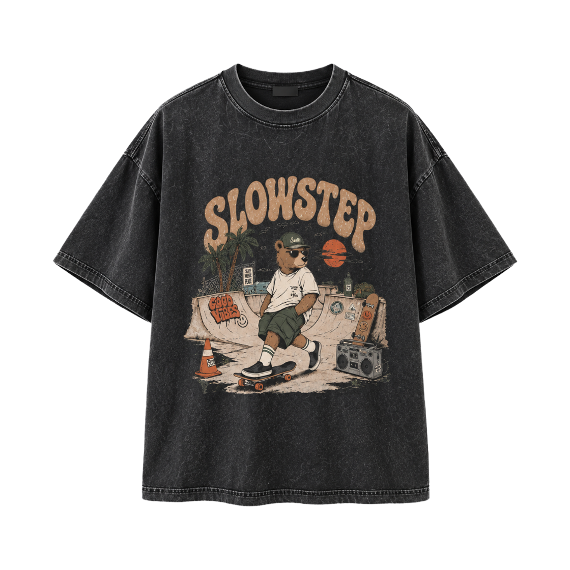슬로우스텝 SP2607 빈티지 스트릿 베어 그래픽 피그먼트 오버핏 반팔티 블랙(SLOWSTEP SP2607 Vintage STREET BEAR Graphic Pigment Oversized T-Shirt Black)