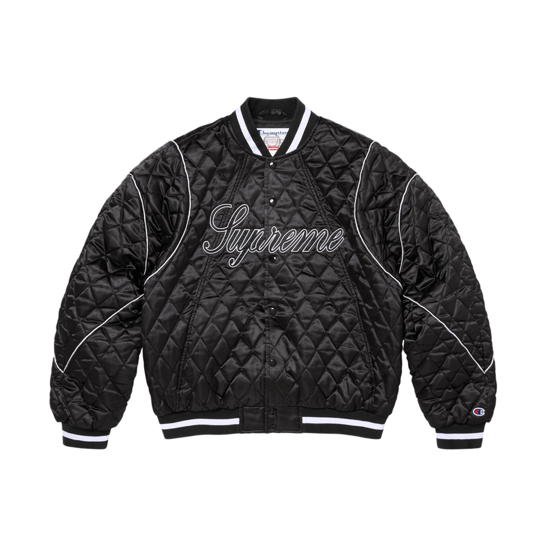 - Supreme x Champion Quilted Satin Varsity Jacket Black - 26FW