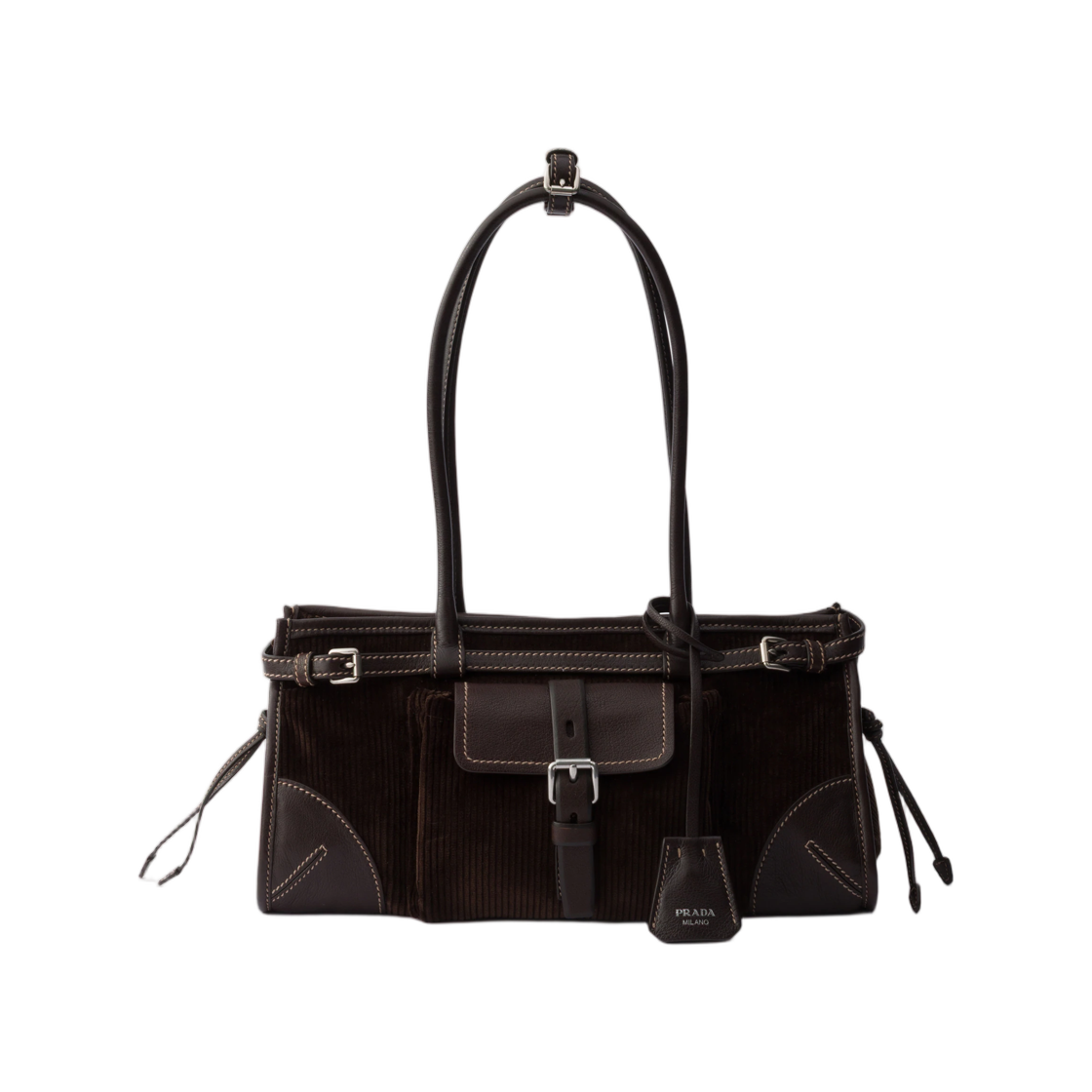 1BA426-2ZS3-F0192 Prada Bonnie Medium Corduroy and Leather Handbag Ebony