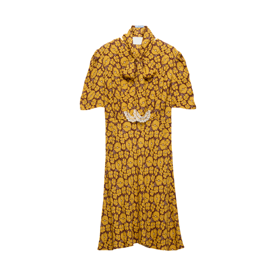 (W) 프라다 플로럴 프린트 세이블 미디 드레스 머스타드((W) Prada Floral Print Sable Midi-Dress Mustard)