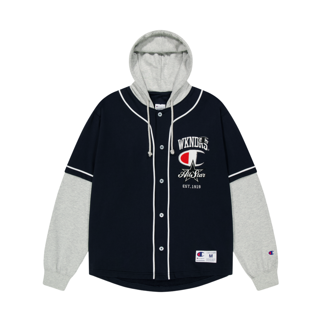 WS2604SH01NV WKNDRS x Champion Layered Baseball Shirt Jacket Navy
