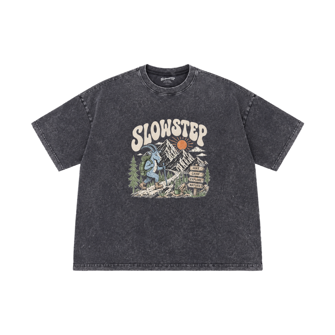 슬로우스텝 SP2606 빈티지 마운틴 고트 그래픽 피그먼트 오버핏 반팔티 블랙(SLOWSTEP SP2606 Vintage Mountain Goat Graphic Pigment Oversized T-Shirt Black)
