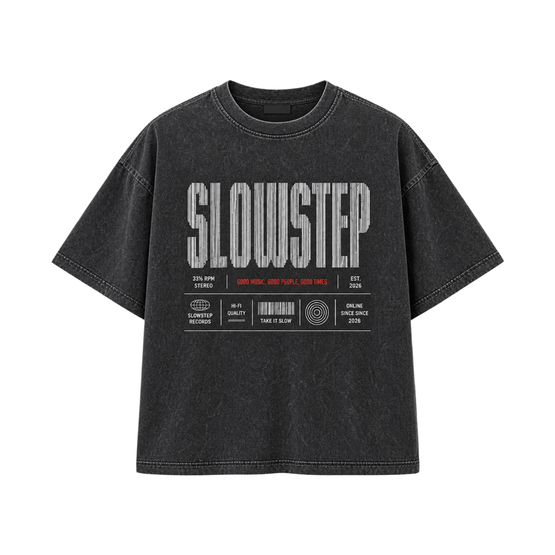 슬로우스텝 SP26072 빈티지  바코드 그래픽 피그먼트 오버핏 반팔티 블랙(SLOWSTEP SP26072 Vintage Barcode Graphic Pigment Oversized T-Shirt Black)