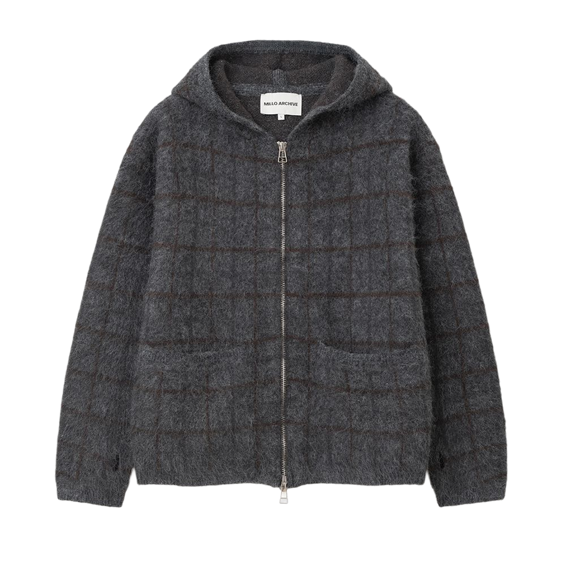 ML948CHA milloarchive Plaid Knit Hood Zip- Up Charcoal