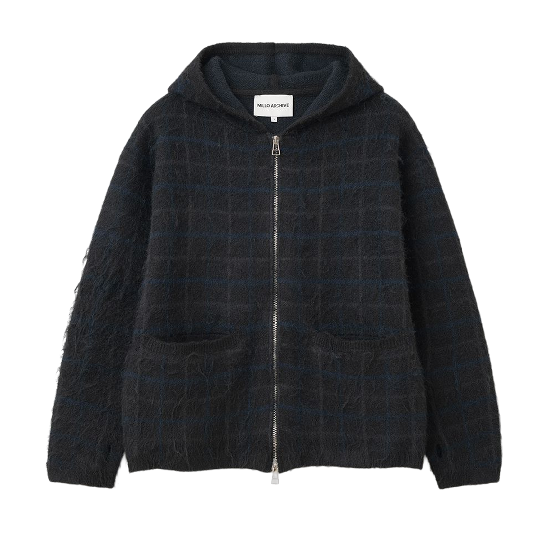 ML948BLK milloarchive Plaid Knit Hood Zip- Up Black