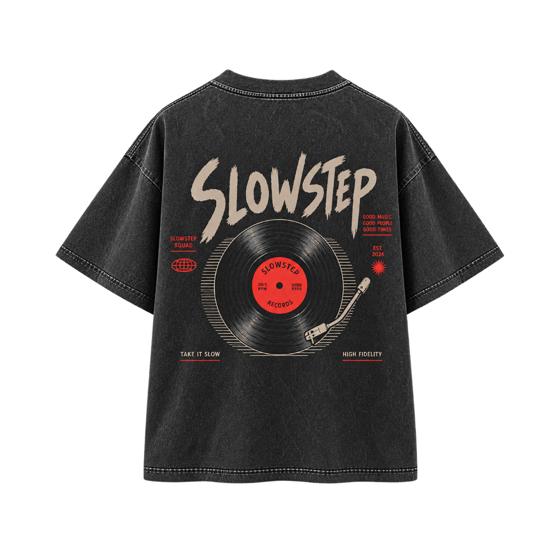 슬로우스텝 SP26071 빈티지 레코드 그래픽 피그먼트 오버핏 반팔티 블랙(SLOWSTEP SP26071 Vintage Record Graphic Pigment Oversized T-Shirt Black) - 2