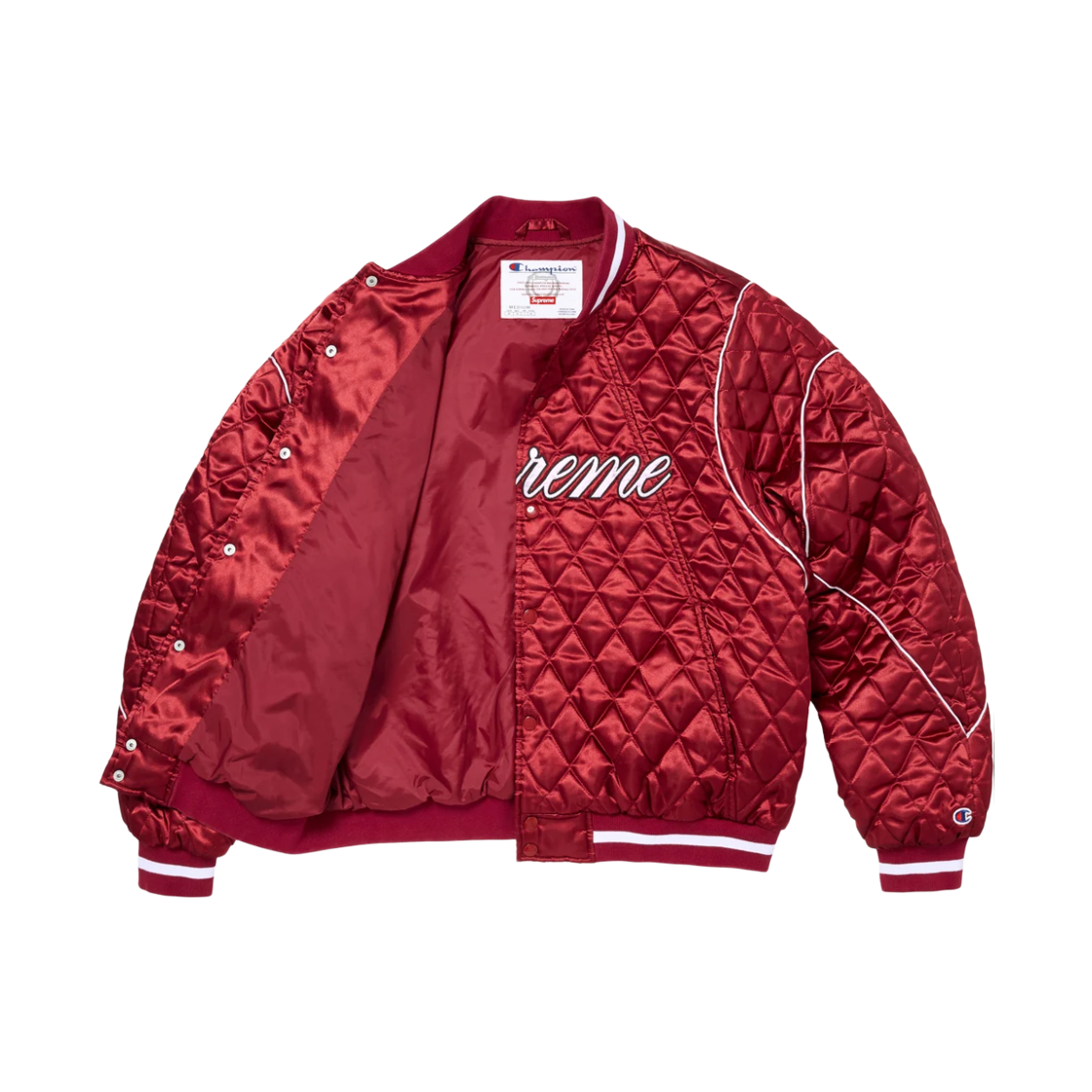 슈프림 x 챔피온 퀼티드 사틴 바시티 자켓 다크 레드 - 26FW(Supreme x Champion Quilted Satin Varsity Jacket Dark Red - 26FW) - 3