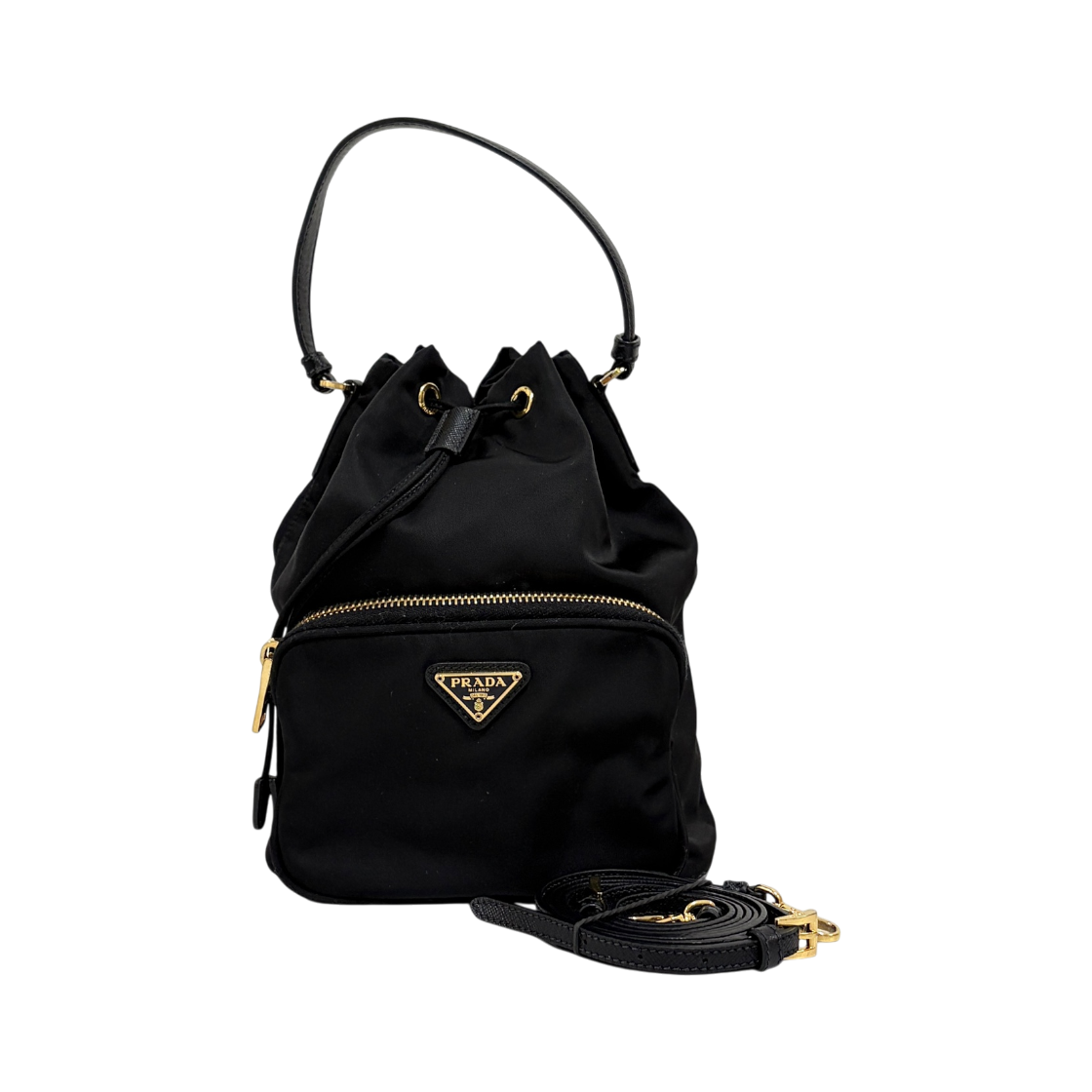ITQQPGAWELJN Prada Triangle Logo Nylon Bucket Bag Black