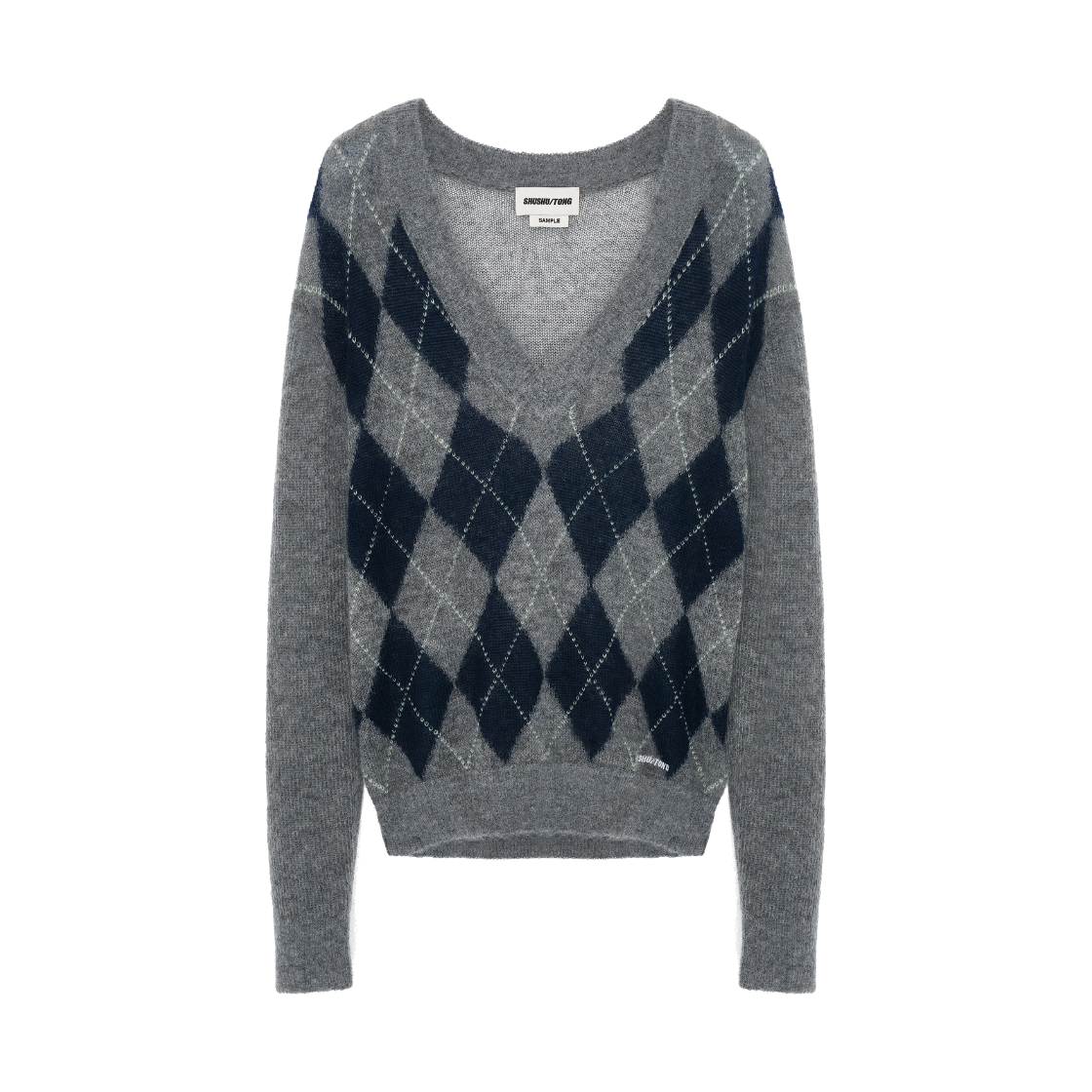 KW6DKNPSH22GY Shushu/Tong Women V-Neck Diamond Quilted Knit Top Plaid1 - 26FW
