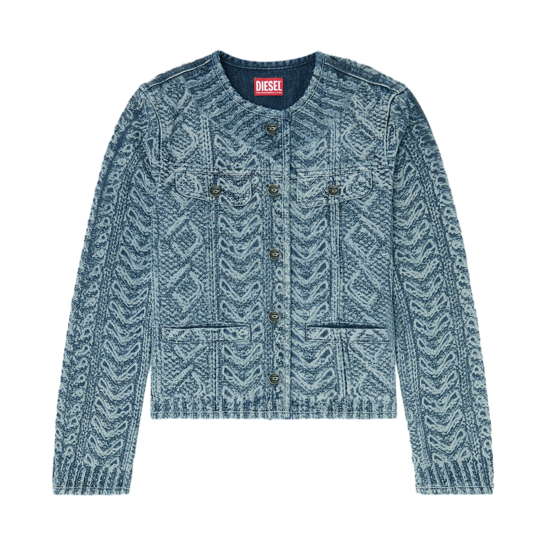 A24984007EV-01 (W) Diesel Collarless Jacket In Cable-Knit-Effect Denim Dark Blue
