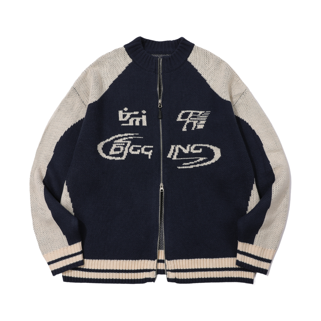 CP24B05 CPGN STUDIO [2-WAY] Curved Block Knit Zip-up Navy