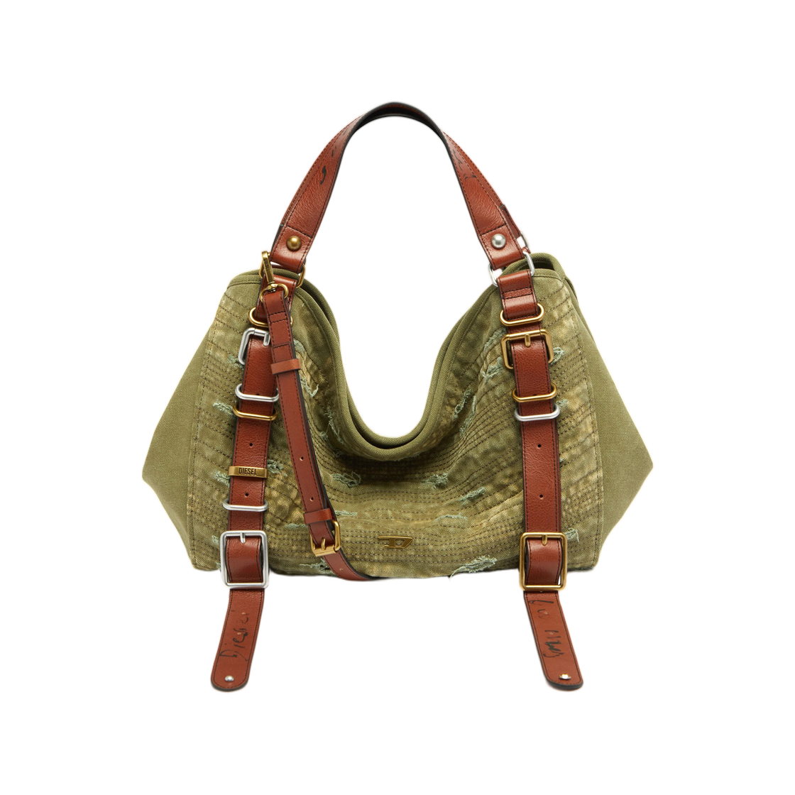 디젤 D-원 미디움 탑 핸들 백 디스트레스드 캔버스 밀리터리 그린(Diesel D-One-Medium Top-Handle Bag In Distressed Canvas Military Green)