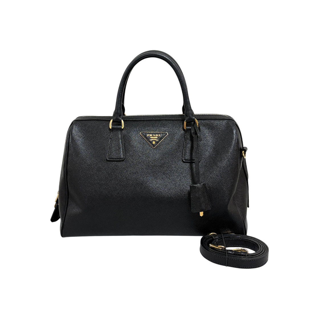 IT2R6DMJVVC3 Prada Saffiano Lux Triangle Logo Boston Tote Bag Black