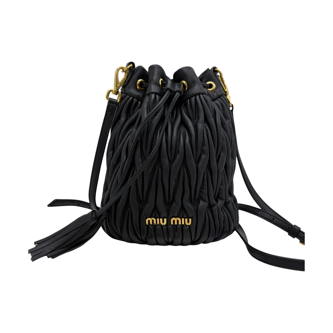 ITCUVBGM3LP5 Miu Miu Matelasse Logo Leather Bucket Bag Black