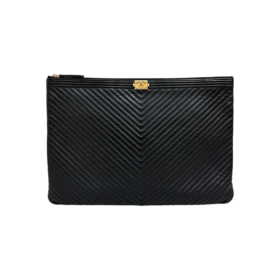 ITV3IGR4P536 Chanel Boy Chevron Clutch Bag Black