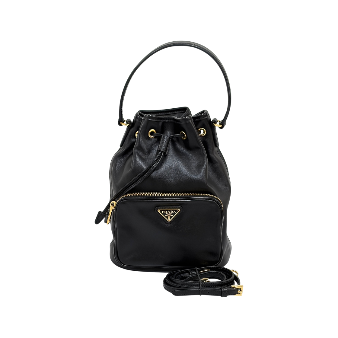 IT2CPUK7WN69 Prada Triangle Logo Leather Bucket Bag Black
