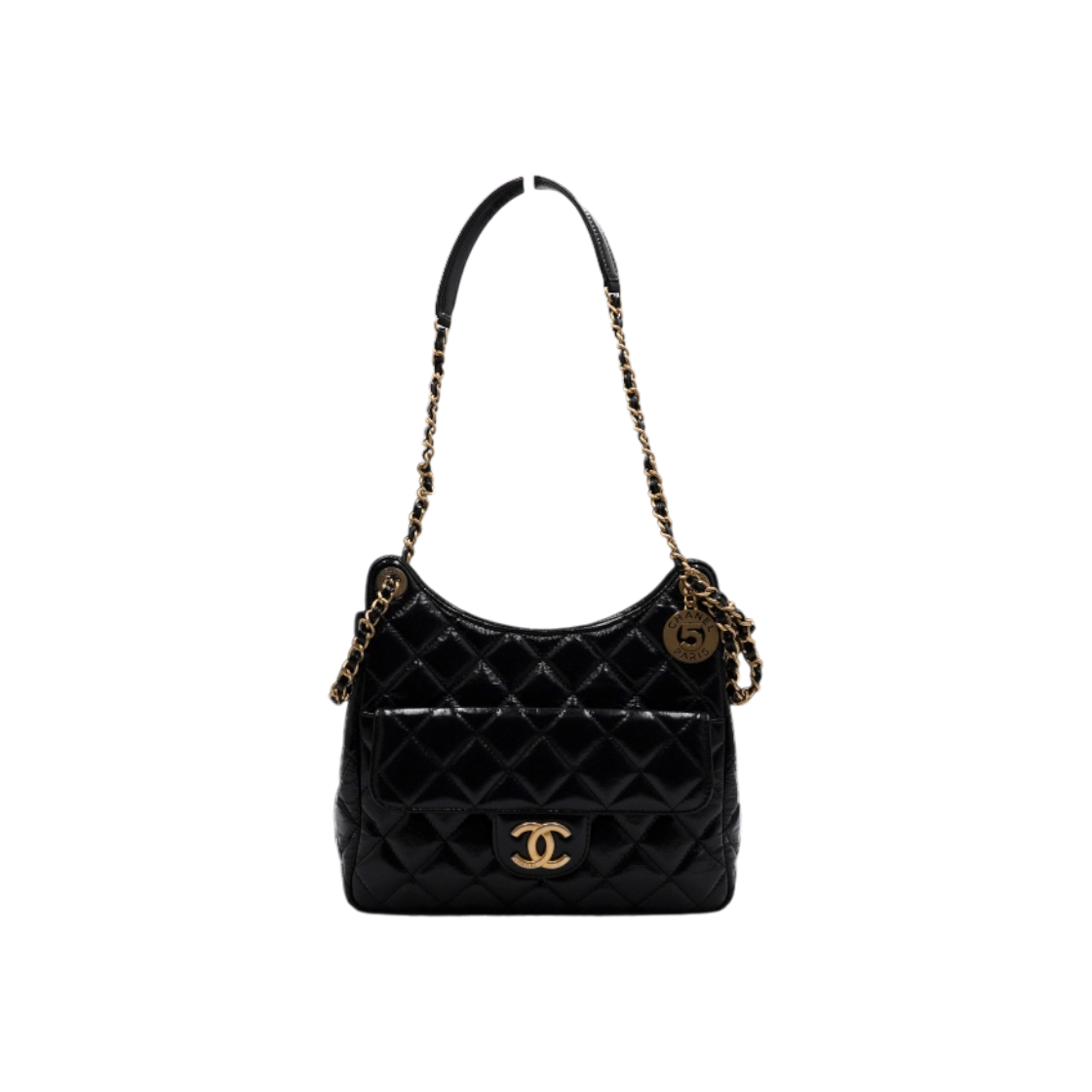 ITK73HNJOQ3P Chanel Black Crumpled Glossy Calfskin CC Hobo Bag