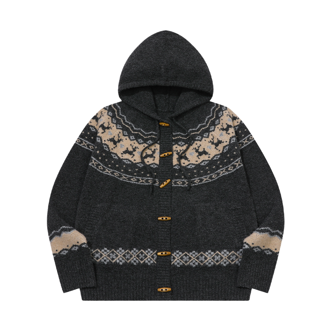 꼼파뇨 [2-WAY] 노르딕디어 토글 후드 니트 챠콜(CPGN STUDIO [2-WAY] Nordic Deer Toggle Hood Knit Charcoal)