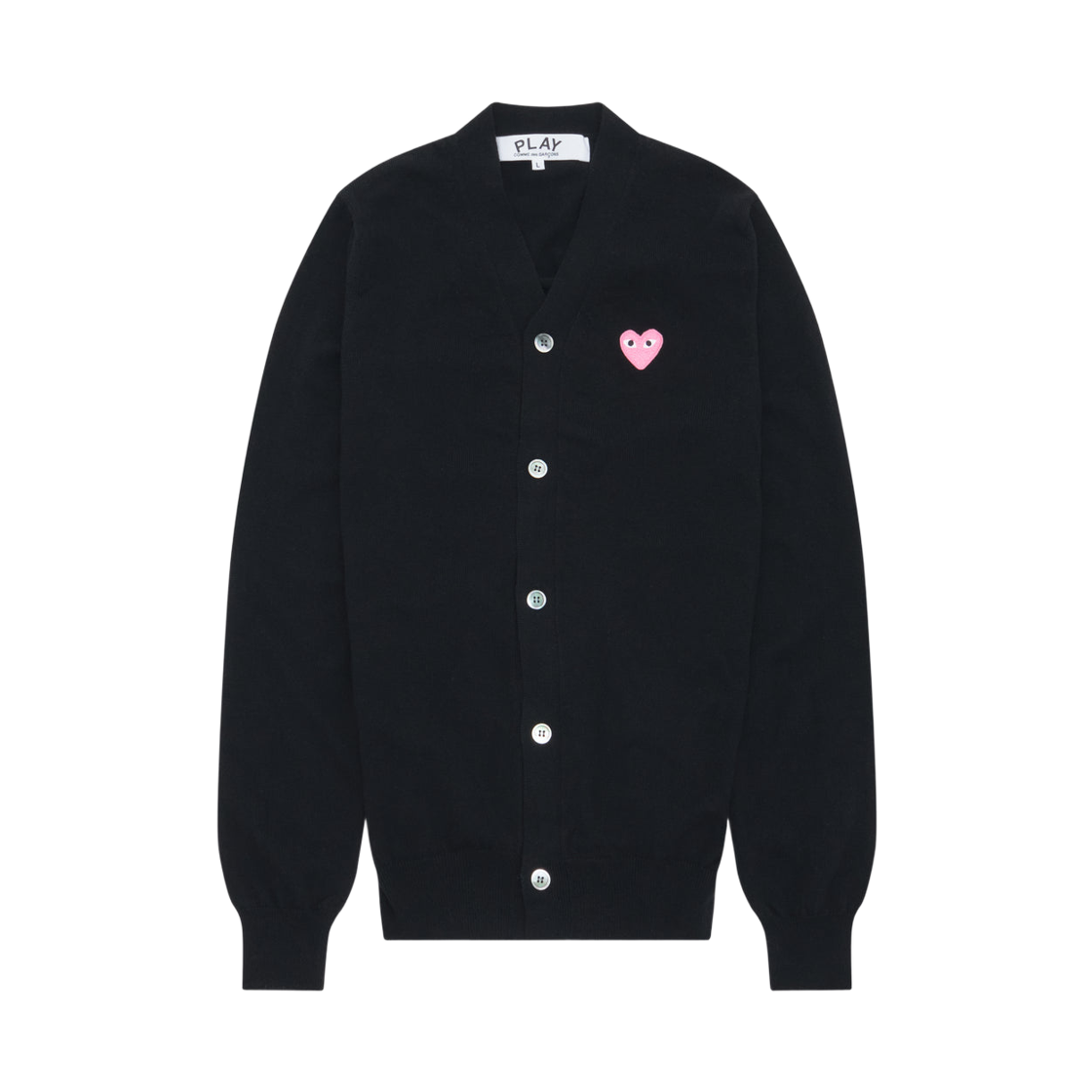 AX-N099-051-1 (W) Play Comme des Garcons Small Pink Heart V-Neck Cardigan Black