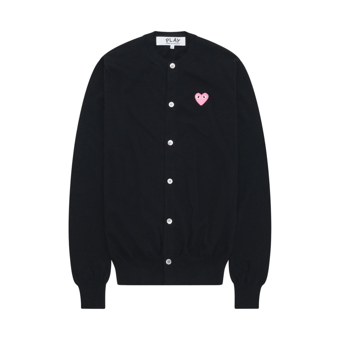 AX-N098-051-1 Play Comme des Garcons Small Pink Heart Round Neck Cardigan Black