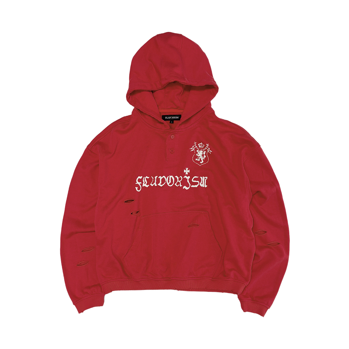 [KREAM 단독] 플레이버리즘 디스트로이드 헨리넥 후드 레드([KREAM 단독] Flavorism Destroyed Henley Neck Hoodie Red)