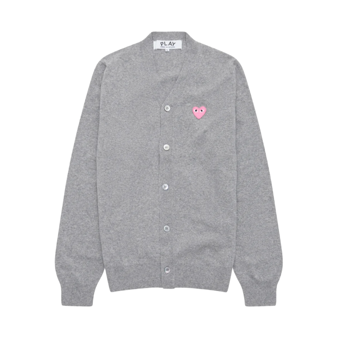 AX-N099-051-2 (W) Play Comme des Garcons Small Pink Heart V-Neck Cardigan Light Grey